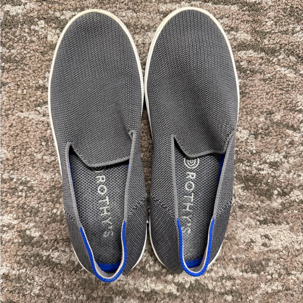 Rothy's Gray Knit Slip-On Sneakers with Blue Trim